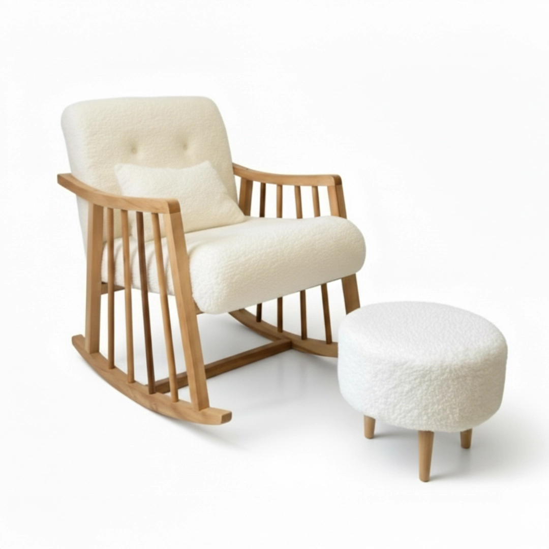 Bukle Sallanan Ahşap Berjer Koltuk - Puf ve Minder Hediyeli